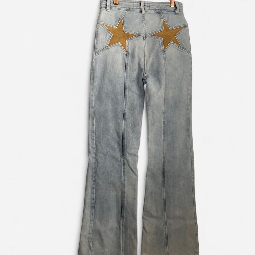 Free People firecracker Light Blue Flare Jeans with mustard yellow Star - Picture 2 of 8
